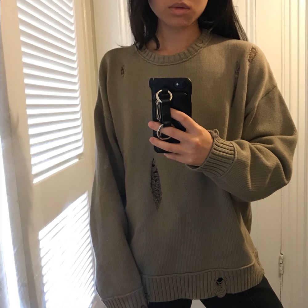 Ripped Distressed Olive Green Oversized Sweater